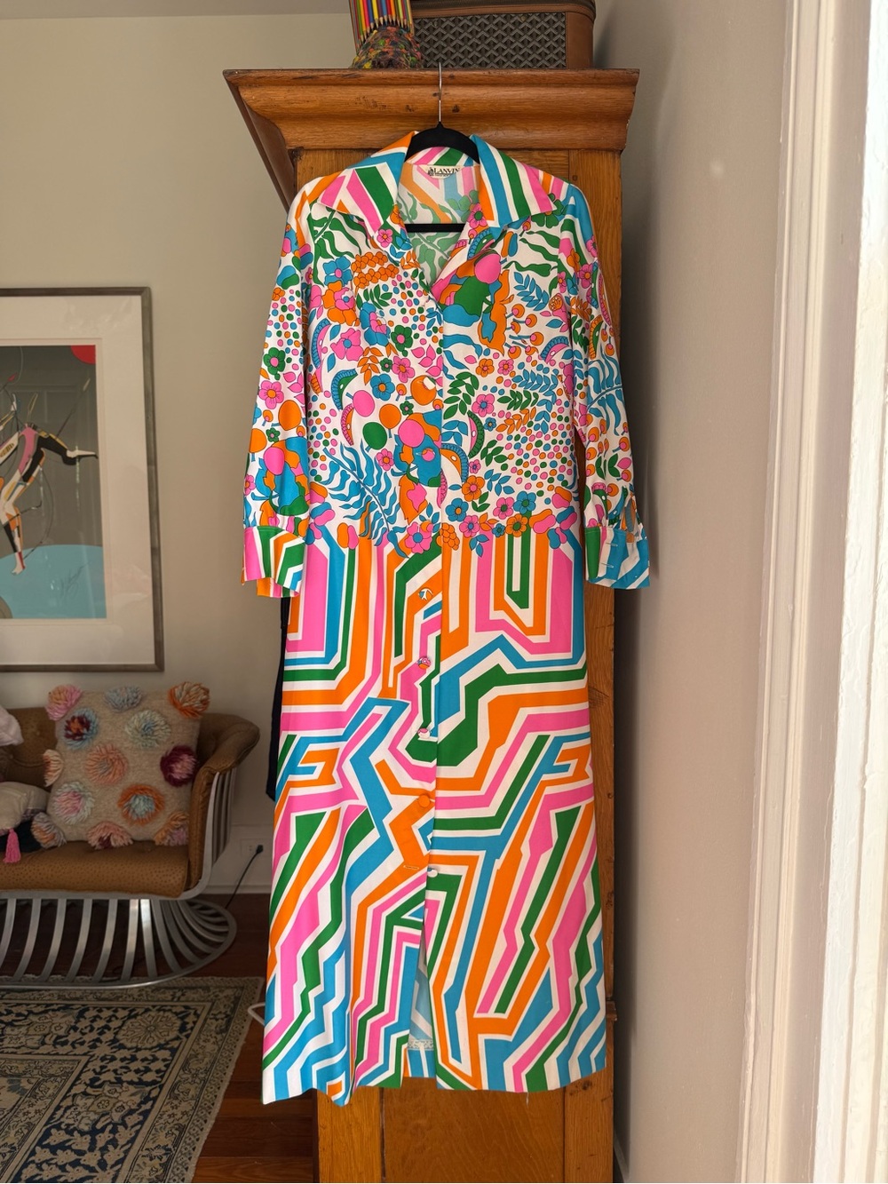 Vintage Lanvin Floral & Geometric Print Shirt Dress or Coat or Robe 🌈